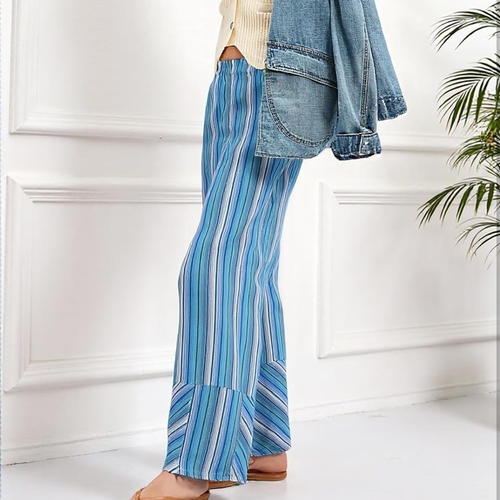 Cicy Bell Striped Palazzo Blue and Green mid raise wide leg trousers